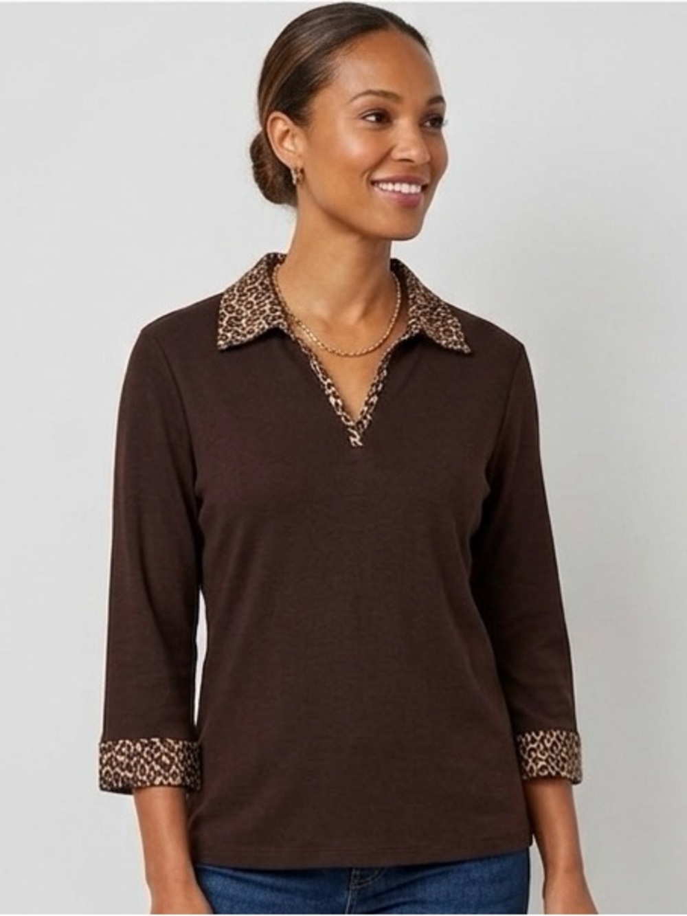 Women’s Karen Scott Brown Leopard Print 3/4 Sleeve Blouse/Top Size L